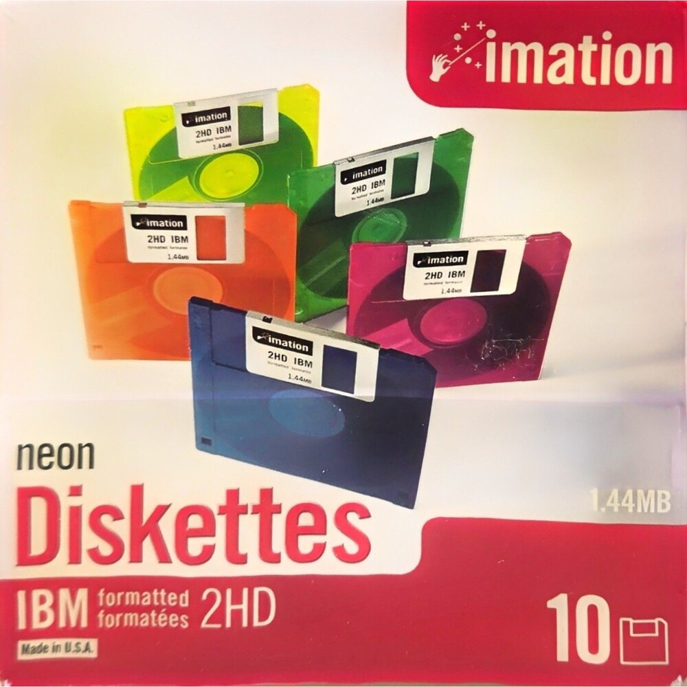 Retro Imation Neon Floppy Disks 3.5" 2HD 1.44MB IBM Formatted Sealed Acrylic Box